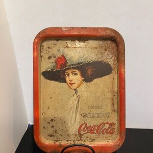 Vintage Metal Coca Cola Tray Lady with White Hat